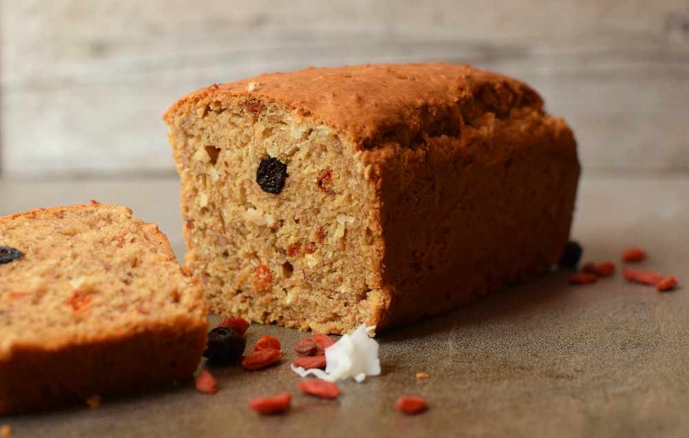 Goji Berry, Currant and Coconut Banana Bread Sliced